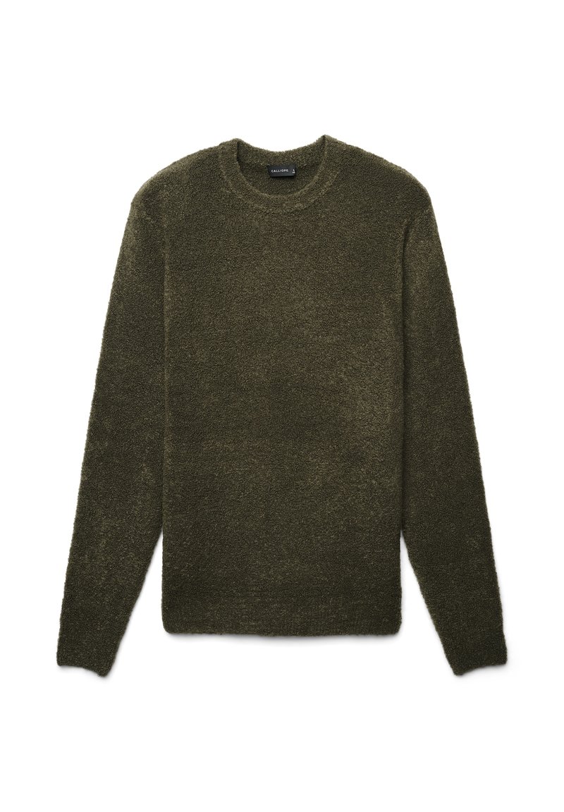 Dunkelgrüner, langärmeliger Pullover aus weichem, strukturiertem Material mit Rundhalsausschnitt und lockerer Passform, ohne sichtbare Verschlüsse oder Muster.