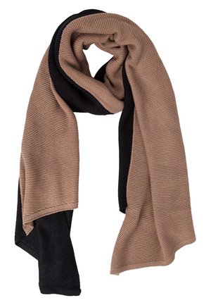 Dwukolorowy dzianinowy szalik z szerokimi czarnymi i beżowymi paskami, luźno ułożony z widoczną fakturą dzianiny.