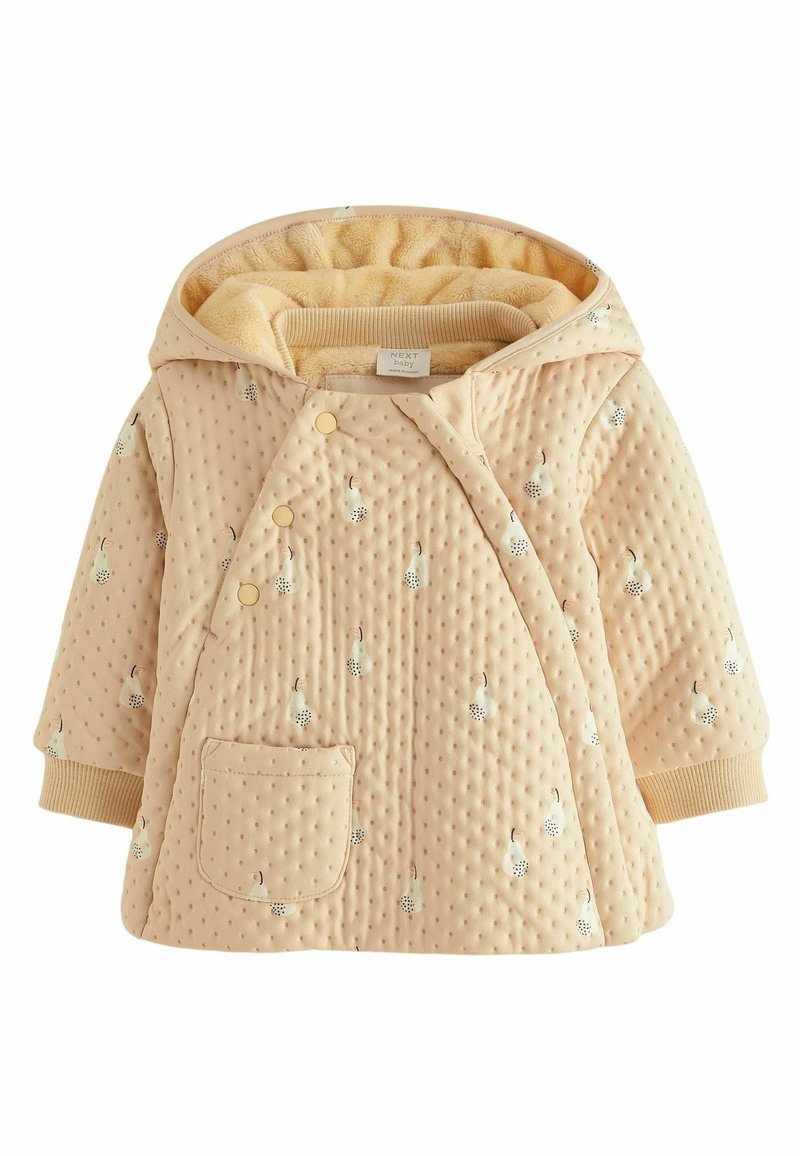 Veste matelassée beige à capuche avec une doublure douce, dotée d'une poche et de petits motifs poire. Fermeture par boutons, poignets et ourlet côtelés.