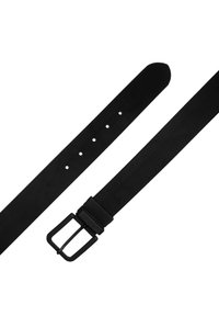 Ceinture en cuir noir avec un design plat, boucle en métal rectangulaire et cinq trous ajustables pour le dimensionnement. Texture lisse avec un détail minimal.