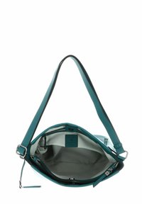 Sac à main en cuir bleu sarcelle avec une forme douce et structurée, doté d'une seule bandoulière et d'un compartiment principal zippé avec une doublure en tissu.