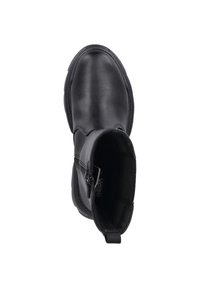 Botín de cuero negro hasta el tobillo con punta redonda, cremallera lateral, interior acolchado y superficie texturizada. Presenta costuras mínimas y suela resistente.