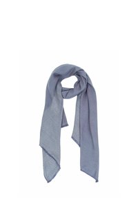 Light blue scarf made of soft fabric featuring a herringbone pattern on one edge and a smooth texture, tapered ends, and loose drape.