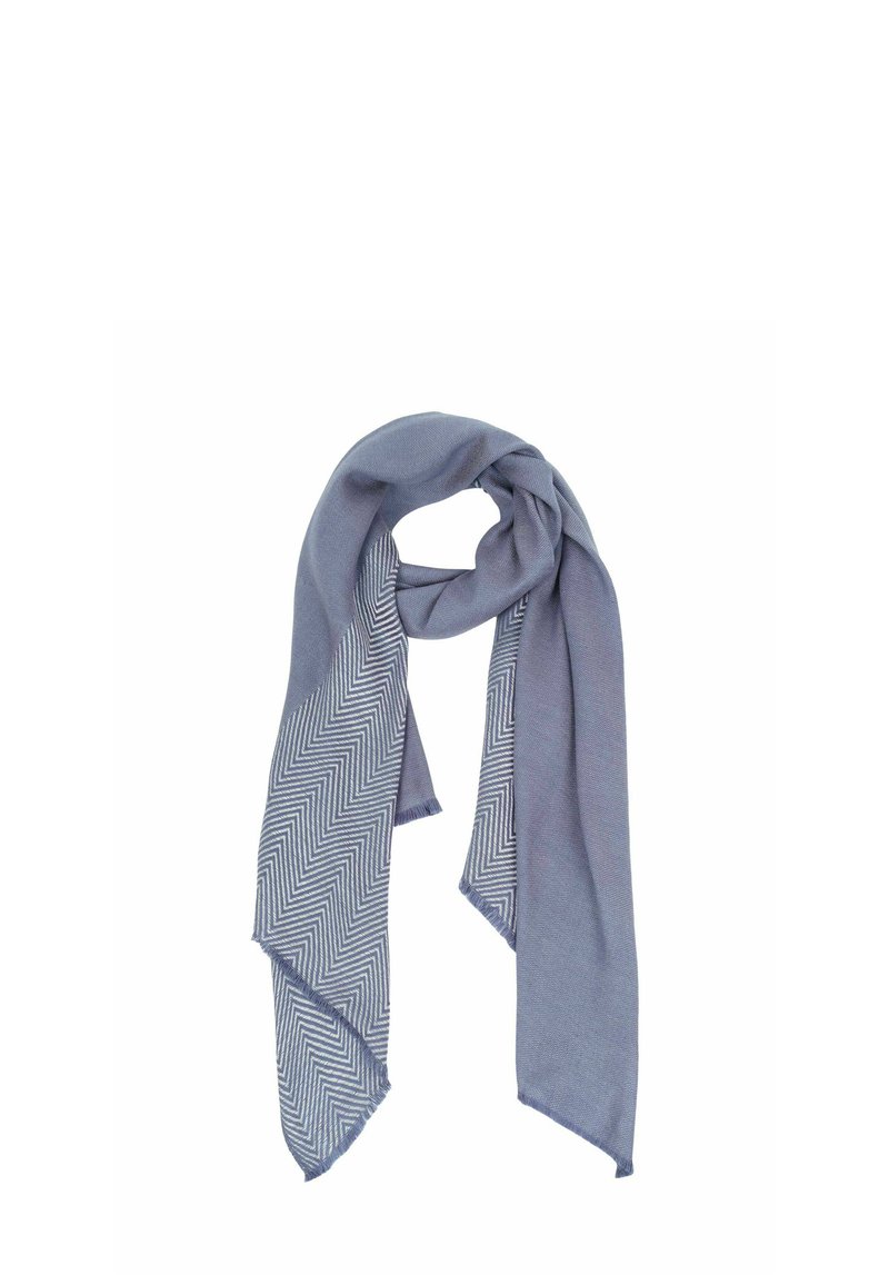 Light blue scarf made of soft fabric featuring a herringbone pattern on one edge and a smooth texture, tapered ends, and loose drape.