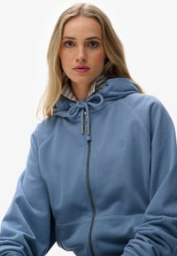 Lichtblauwe rits-hoodie met een trekkoordkap, gestreepte binnenvoering en geborduurd logo op de borst. Zachte stof en een relaxte pasvorm.