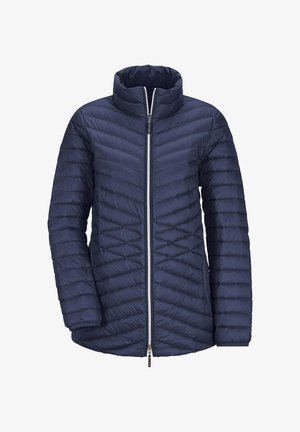 Giubbotto imbottito blu navy con colletto alto, caratterizzato da una trapuntatura diagonale, chiusura frontale con zip a tutta lunghezza e polsini elasticizzati per una vestibilità ottimale.
