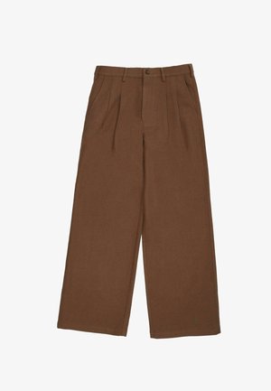 Brown wide-leg trousers with pleats, made from soft fabric. Features a button closure and belt loops, smooth texture, and a tailored fit.