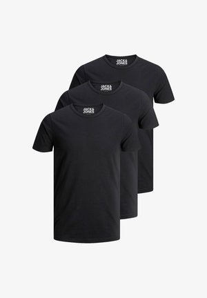 Three black crew-neck t-shirts made of cotton, featuring short sleeves and a regular fit. Each has a logo printed on the neckline.