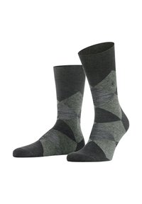 Graue und grüne gemusterte Socken mit einem geometrischen Design, aus einem weichen Stoff gefertigt, mit einem gerippten oberen Rand und verstärkter Spitze.