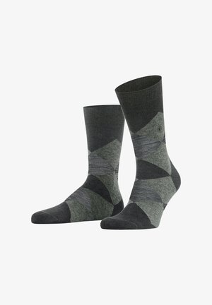 Grijze en groene sokken met een geometrisch patroon, gemaakt van een zachte stof, met een geribbelde bovenkant en verstevigde teen.