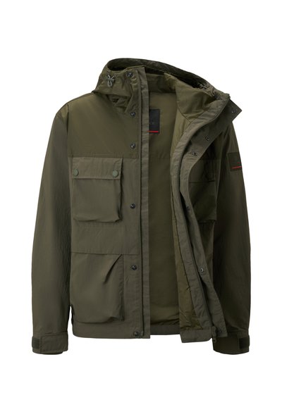 Olive green jacket with a hood, multiple front pockets, and a zip closure. Features a smooth texture and adjustable cuffs for fit.