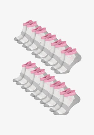 Set aus 12 Paar Knöchelsocken mit weißem Stoff, grauen und rosa Akzenten, gerippten Bündchen und einem atmungsaktiven Mesh-Design.
