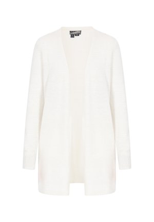 Hvid, åben cardigan med lange ærmer, strikket tekstur og afslappet pasform. Ingen lukninger eller udsmykninger, minimalistisk design.