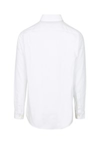 Witte lange mouwen shirt met een klassieke kraag, knoopdetails bij de manchetten en een ronde zoom. De stof lijkt glad en lichtgewicht.