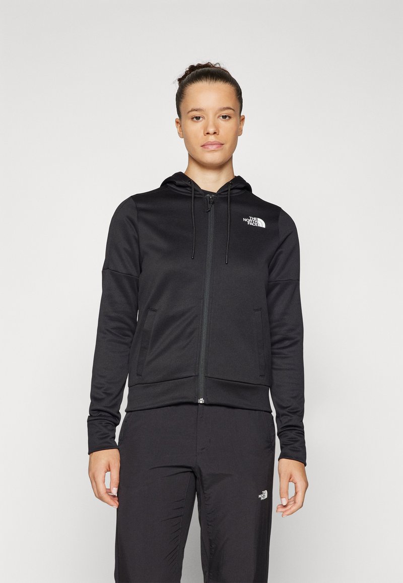 Black zip-up hoodie with a fitted design, made of smooth fabric, featuring a drawstring hood and a small logo on the left chest.