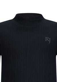 Czarny prążkowany sweter z golfem wykonany z dzianiny ma dopasowany krój i subtelne szare logo "RJ" na piersi.