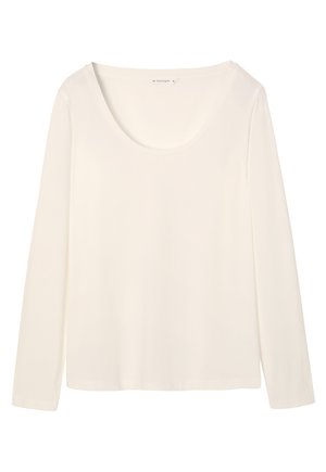 Long-sleeve, scoop-neck top in soft white fabric. Features a smooth texture and straight hem with minimal stitching detail.