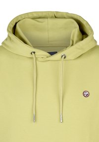 Lichtgele hoodie met een trekkoord in de capuchon, zilveren aglets en een klein geborduurd logo in cirkelvorm op de voorkant.