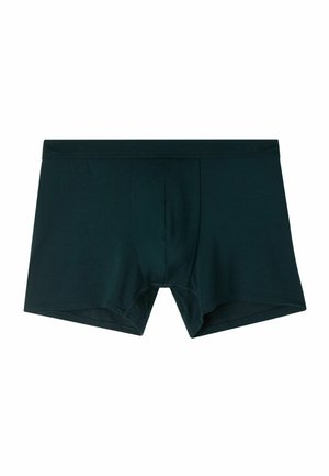 Tmavě zelené boxerky vyrobené z hladké tkaniny. Disponují anatomicky tvarovanou kapsou, šitým lemem a elastickým pasem. Bez vzorů nebo akcentů.