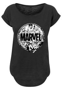 Juodas marškinėliai su apvaliu juodai-baltu Marvel komiksų veikėjo grafiku ir ryškiu "MARVEL" užrašu centre. Trumpi rankovės.