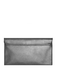 Metallic gray clutch wallet in smooth faux leather, rectangular shape with a fold-over flap and simple stitching along the edges.