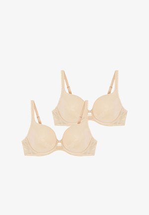 Due reggiseni imbottiti beige con motivi floreali in pizzo, spalline regolabili e supporto con ferretto su sfondo bianco.