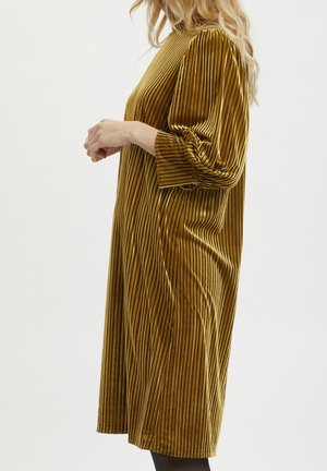 Žena v sametových šatech délky ke kolenům se zlatými a černými vertikálními pruhy a dlouhými rukávy stojí bokem na jednobarevném pozadí.