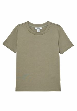 Enkel olivengrøn kortærmet bomulds-T-shirt med rund hals og synligt mærkelabel inde i kraven på hvid baggrund.