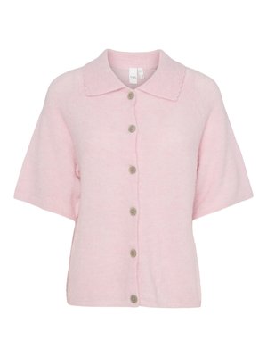 Soft pink short-sleeve cardigan with scalloped collar and six gray buttons down the front.