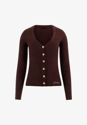 Brown ribbed cardigan with a V-neck, long sleeves, and six golden buttons down the front. Features a subtle brand logo at the hem.