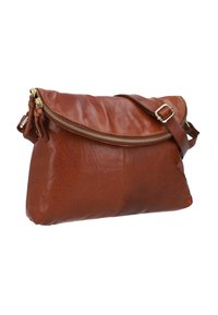 Brown leather handbag with a fold-over flap, gold zipper detail, adjustable shoulder strap, and smooth texture. Features stitching accents.