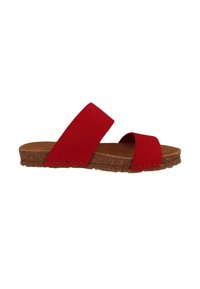 Sandales glissantes rouges avec deux larges brides, un coussin en liège et une semelle en caoutchouc texturé. Présente un dessus en synthétique lisse et une couture minimale.