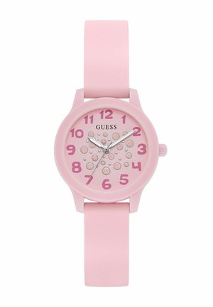 Różowy zegarek na nadgarstek z silikonowym paskiem, okrągłą tarczą z różowymi cyframi i brokatowymi okrągłymi akcentami, pokazujący godzinę 10:10:36.