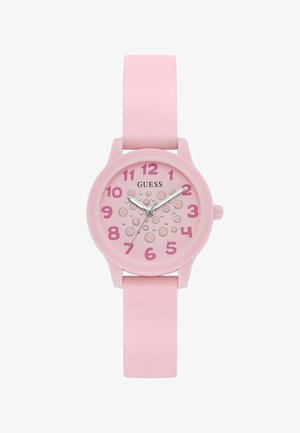 Roze polshorloge met siliconen band, ronde wijzerplaat met roze cijfers en glinsterende cirkelvormige accenten, toont de tijd 10:10:36.