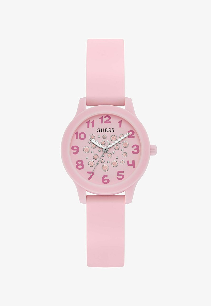 Montre-bracelet rose avec bracelet en silicone, cadran rond présentant des chiffres roses et des accents circulaires scintillants, indiquant l'heure à 10:10:36.