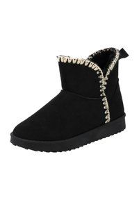 Botas de tobillo de ante negro con puntera redondeada, que presentan un contraste de costuras en crema a lo largo de la costura y una lengüeta en el talón.