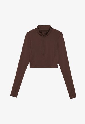 Hnedý dlhý rukáv crop top s vystuženým golierom a štvrťovým zipsom. Hladká textúra s plochými švami, vhodný na aktívne nosenie.
