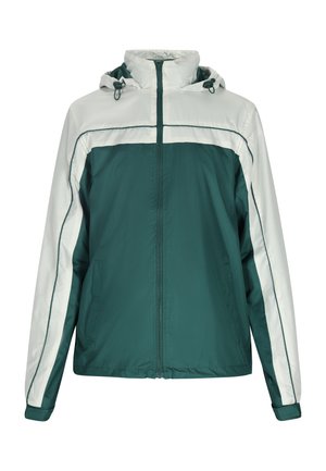 Zelena in bela kapuca jakna z zadrgo spredaj, ki ima kontrastne ramenske panele, stranske žepe in elastične manšete za tesno prileganje.