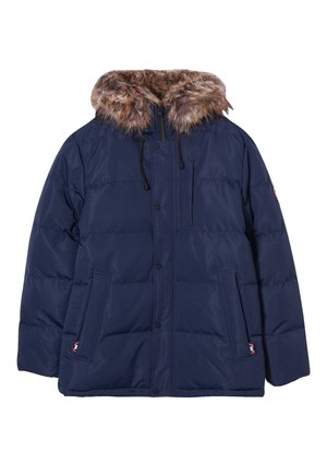 Giacca imbottita blu navy con cappuccio in pelliccia sintetica, dotata di chiusura con zip, bottoni a pressione, tasche laterali e texture trapuntata.