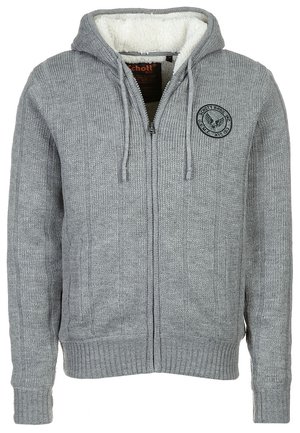 Grauer, gestrickter Kapuzenpullover mit Reißverschluss, Kordelzug, gerippten Bündchen und Saum, mit Fleece gefütterter Kapuze und rundem Schott Bros Logo auf der Brust.