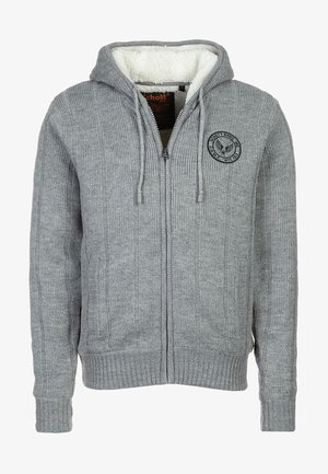 Sweat à capuche zippé gris en tricot avec cordons, poignets et ourlet côtelés, capuche doublée en polaire, et logo circulaire Schott Bros sur la poitrine.