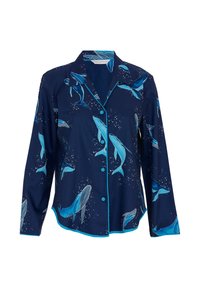 Camicia blu navy con bottoni, decorata con un motivo di balene in blu e bianco. Tessuto morbido con maniche lunghe e rifiniture a contrasto in turchese su colletto e polsini.