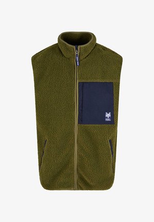 Olivgrüne Fleece-Weste mit hohem Kragen, Reißverschluss vorne und dunkelblauen Taschenakzenten. Weicher Stoff und kontrastierende dunkelblaue Stoffdetails an der Vorderseite.