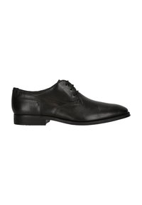 Chaussure habillée en cuir noir avec une texture lisse, bout pointu et design à lacets. Elle présente un petit talon et une broderie décorative minimale.