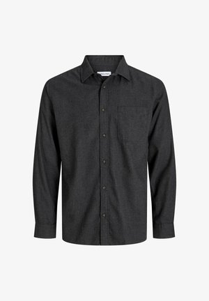 Chemise gris foncé à manches longues en tissu texturé. Présente un col, des manches longues et une poche poitrine avec une fermeture à un bouton.
