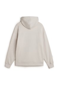 Helle beigefarbene Kapuzenpullover mit lockerer Passform, gerippten Bündchen und Saum. Weiche Textur, schlichtes Design und keine sichtbaren Muster.