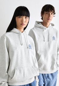 Light gray hoodies, featuring a kangaroo pocket and drawstrings. Both have a blue logo at the chest. Material appears soft and textured.