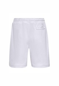 Shorts de sport en mesh blanc avec une taille élastique et une petite poche sur le côté. Le tissu a une texture perforée et respirante.