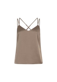 Bruine satijnen camisole met dunne gekruiste bandjes, V-hals ontwerp, gladde textuur en een losse pasvorm. Geschikt voor het dragen onder andere kleding of als zelfstandig stuk.