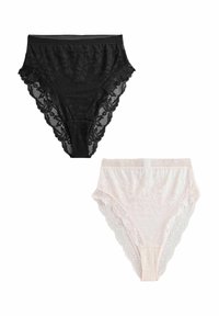 Zwarte en blush kanten hoge taille slips, met golvende randen, bloemenpatronen en doorzichtige panels. Zachte elastische taillebanden.